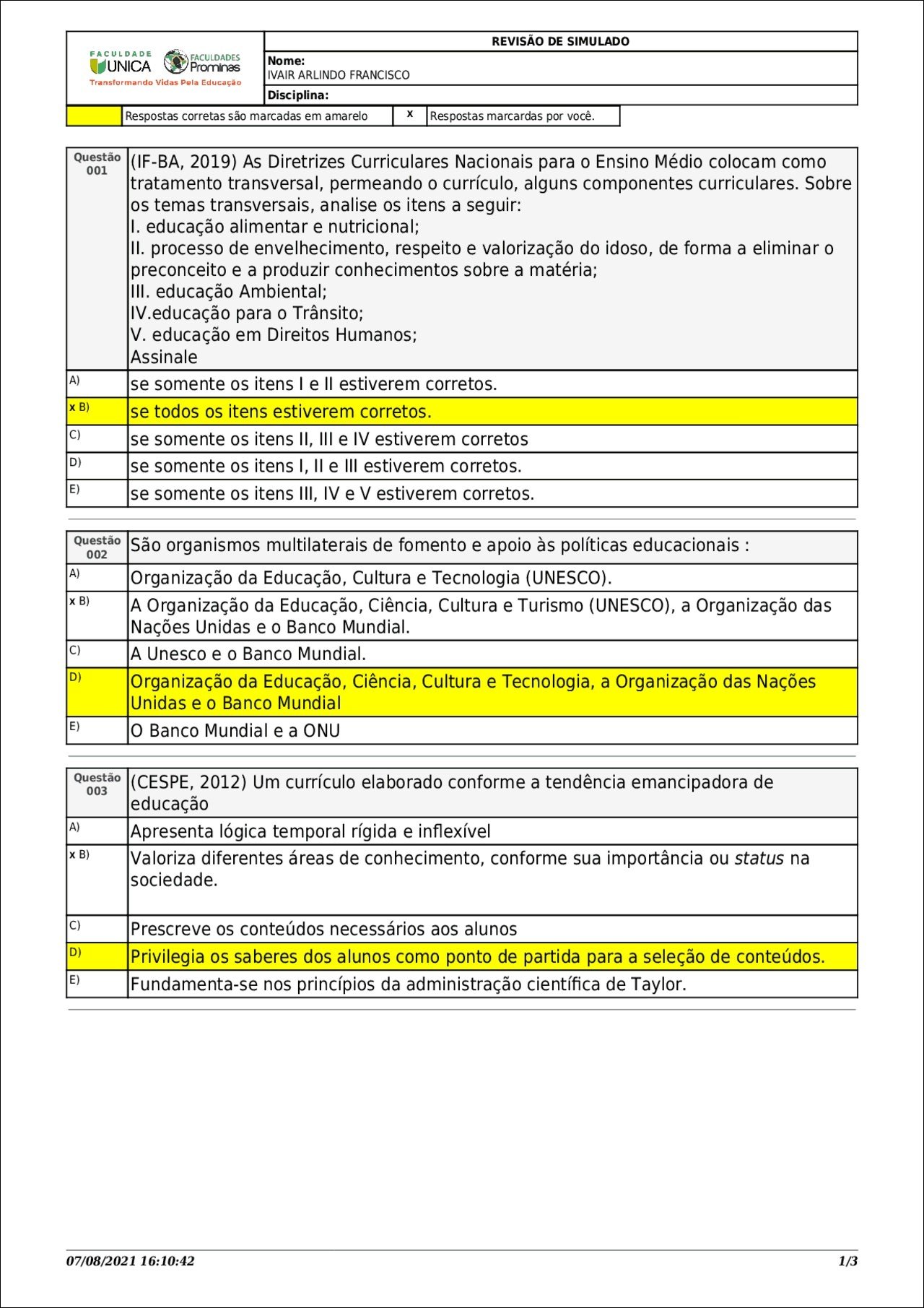Mapa mental com Revisão de Simulado no centro, ramificando-se para Faculdade, Faculdades, Nome, Unica e Prominas