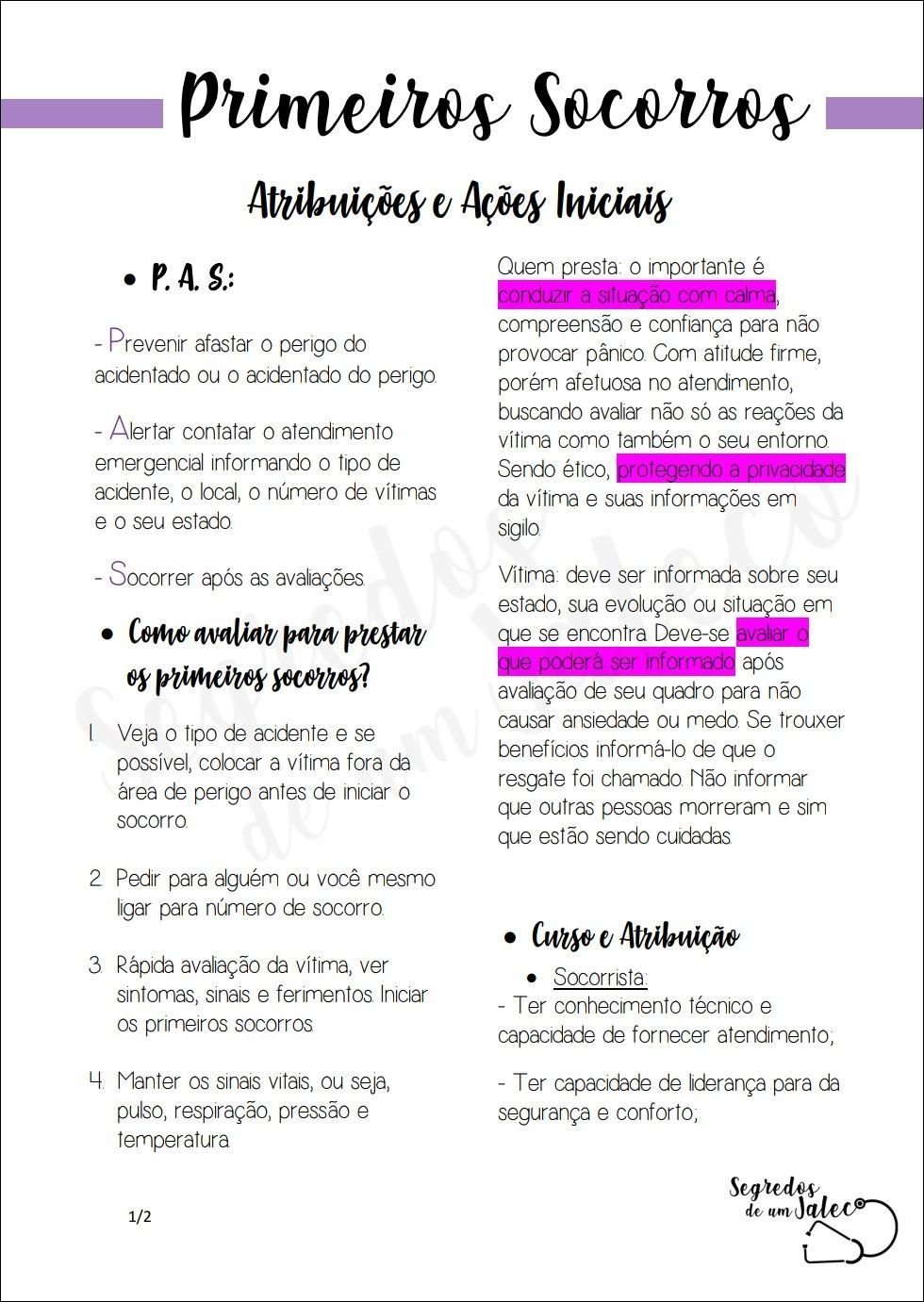 Mapa mental com Primeiros Socorros no centro, ramificando-se para Atribuições e Ações Iniciais, PAS, Quem presta o importante é