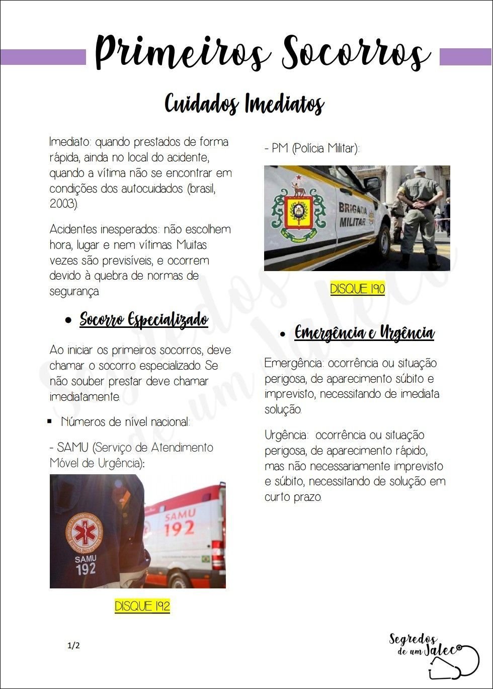 Mapa mental com Primeiros Socorros no centro, ramificando-se para Cuidados Imediatos e PM Polícia Militar