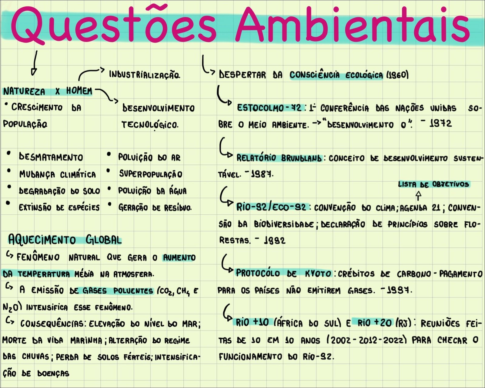 Mapa mental com DESPERTAR DA CONSCiÊNCIA ECOLÓGICA 1960 no centro, ramificando-se para INDUSTRIALIZAÇÃO e NATUREZA X HOMEM