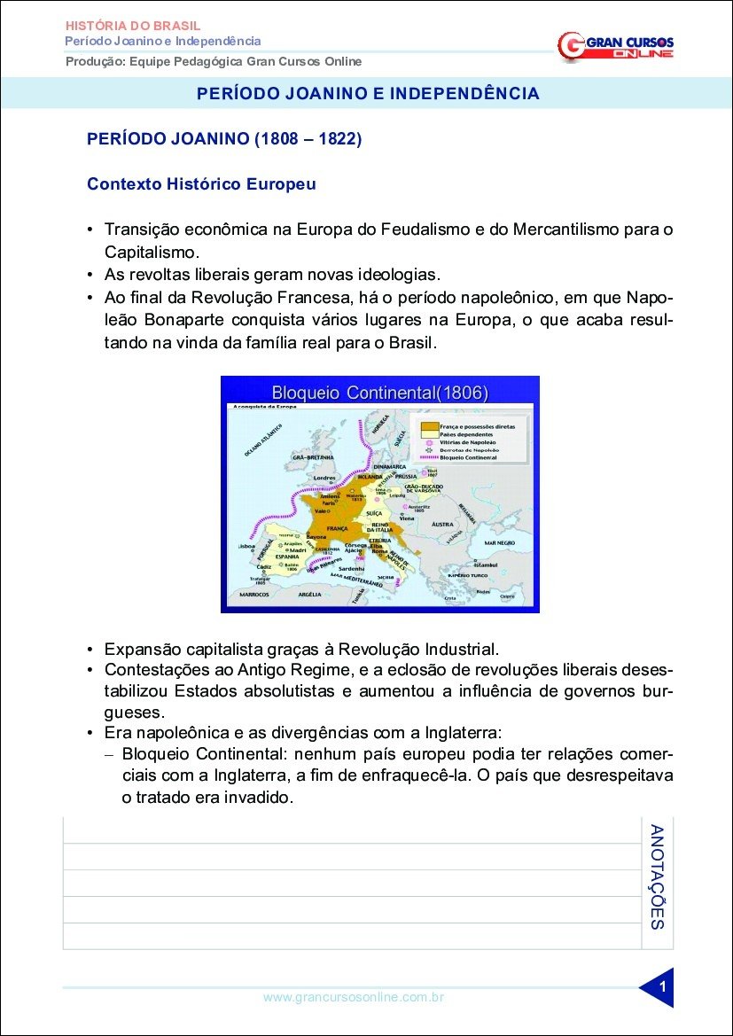 Mapa mental com História do Brasil no centro, ramificando-se para Período J canino e Independência e GRAN CURSOS ONLINE