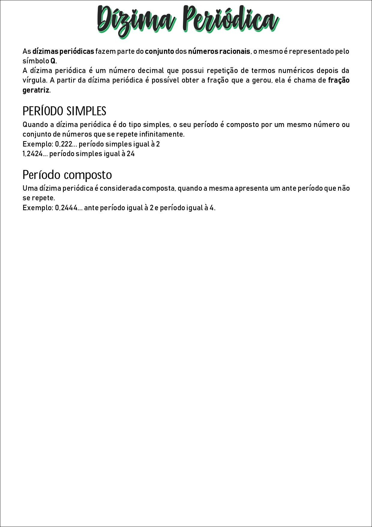 Mapa mental com Dízima Periódica no centro, ramificando-se para Números Racionais e Fração Geratriz