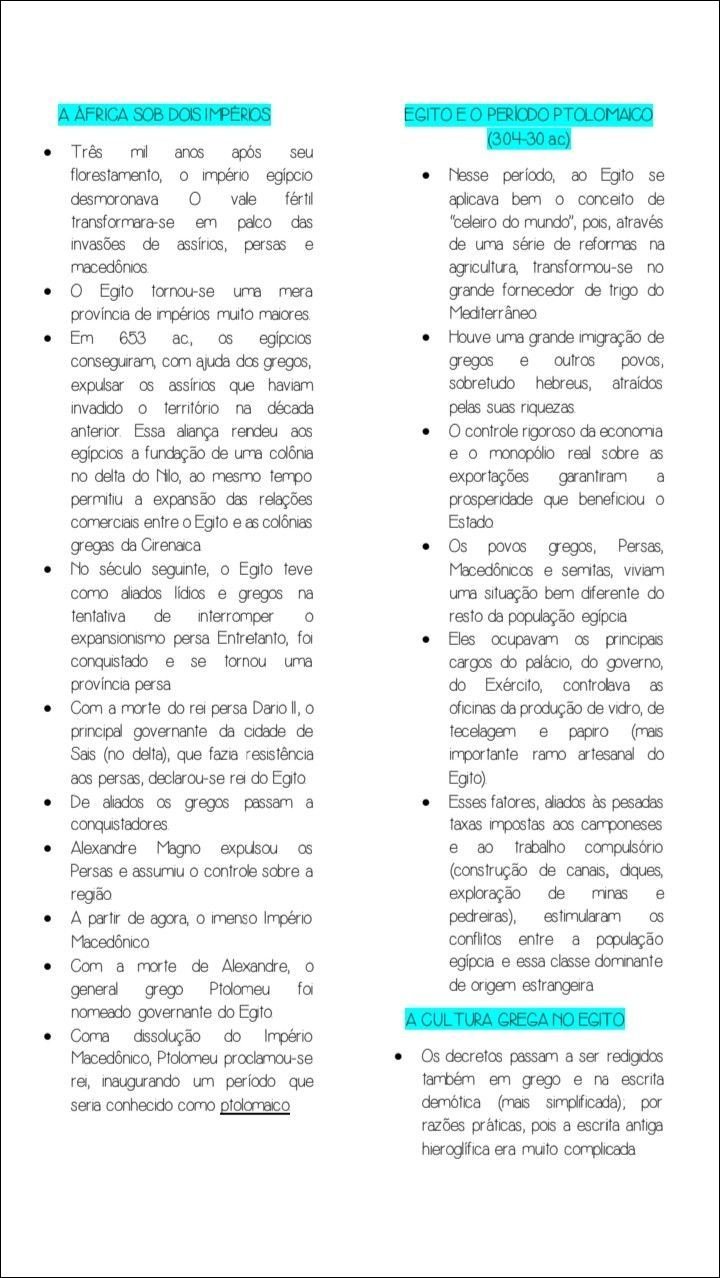 Mapa mental com A AFRICA SOB DOIS IMPÉRIOS no centro, ramificando-se para EGITO e PERIODO PTOLOMAICO