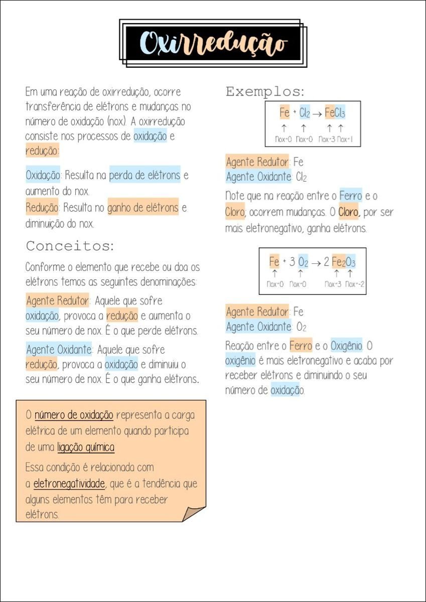 Mapa mental com Oxirredução no centro, ramificando-se para Em uma reação de oxirredução ocorre e Exemplos