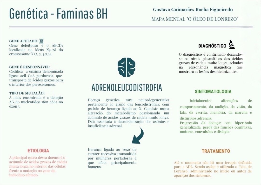 Mapa mental com Genética Faminas BH no centro, ramificando-se para Gustavo Guimarães Rocha Figueiredo e MAPA MENTAL O ÓLEO DE LONREZO