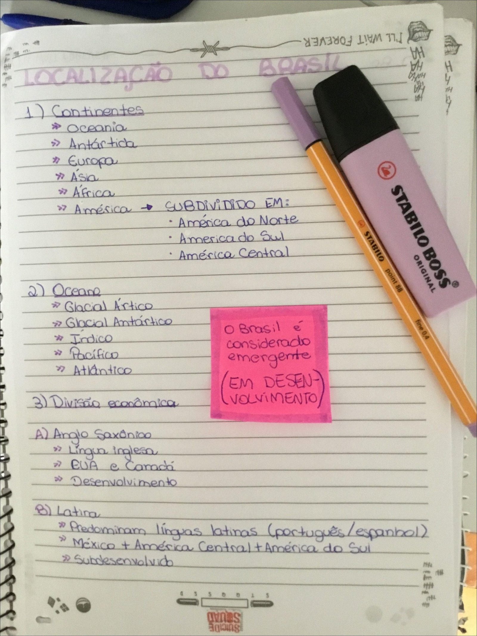 Mapa mental com Brasil no centro, ramificando-se para Continentes, Oceania, Antártica, Europa, Ásia, África e América