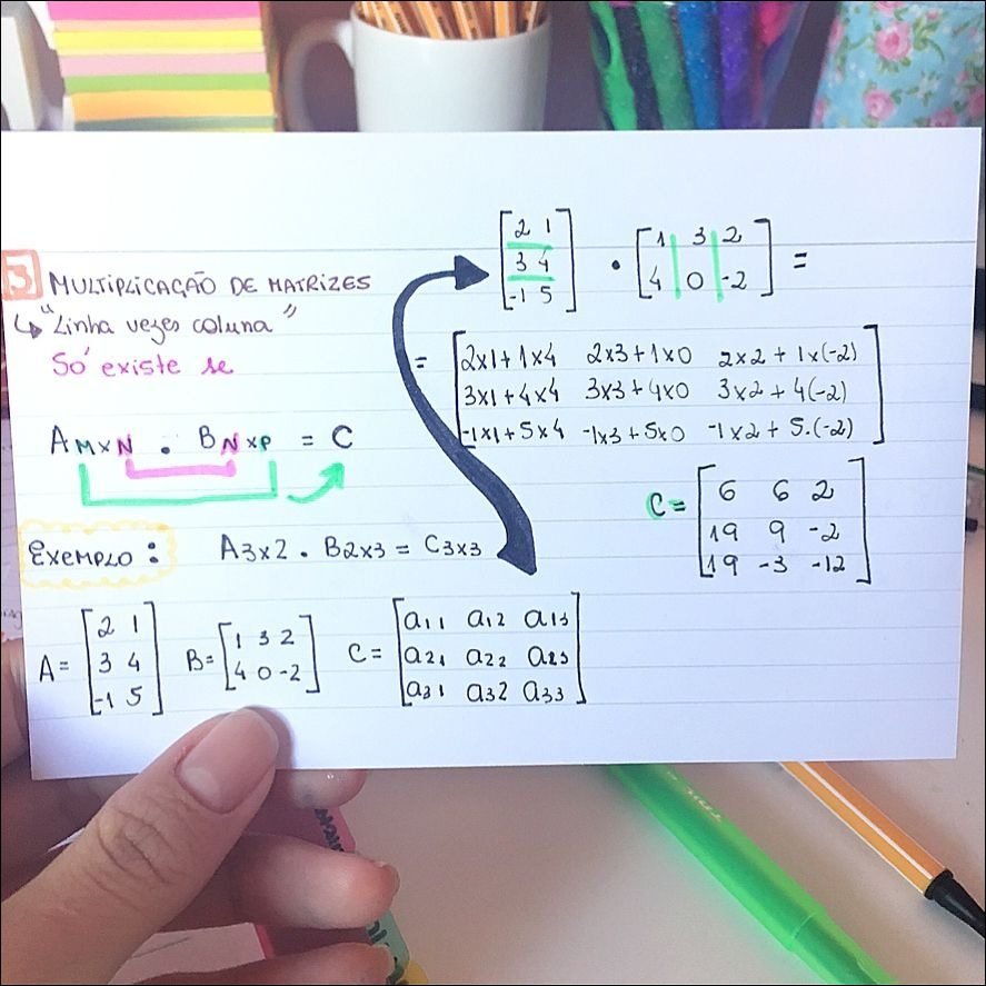 Mapa mental com MULTIPLICAÇÃO DE MATRIZES no centro, ramificando-se para Linha vezes coluna e So existe se