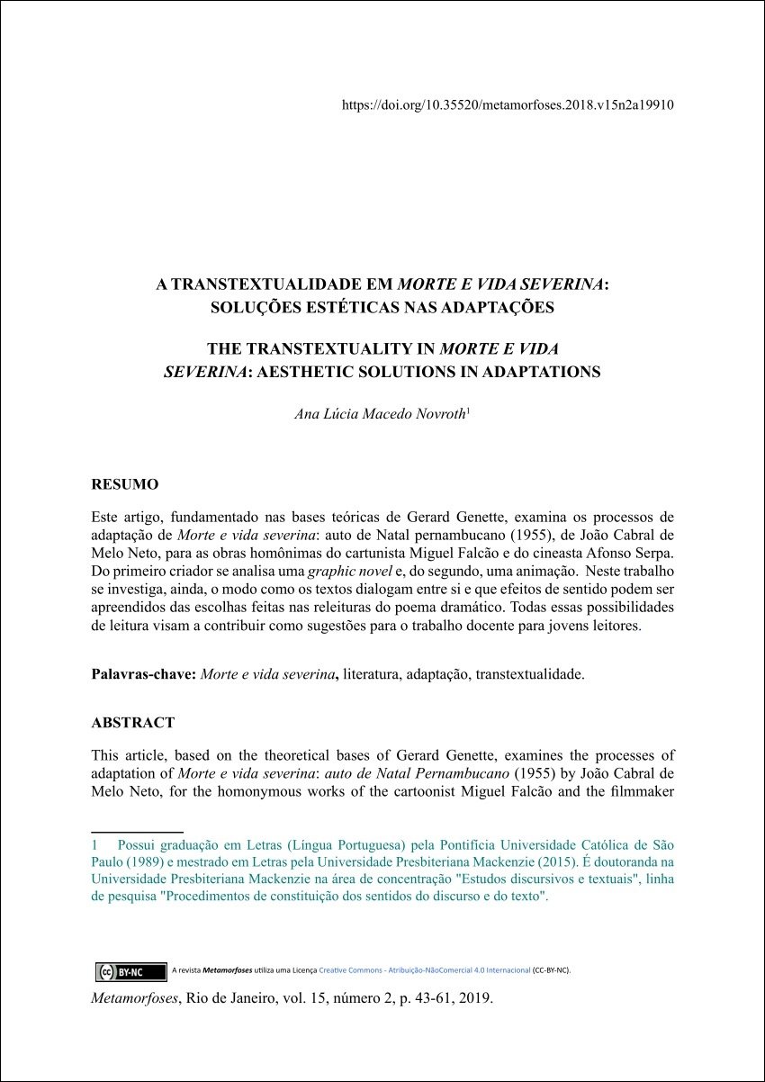 Mapa mental com A TRANSTEXTUALIDADE EM MORTE E VIDA SEVERINA no centro, ramificando-se para SOLUÇÕES ESTÉTICAS NAS ADAPTAÇÕES e THE TRANSTEXTUALITY IN MORTE E VIDA SEVERINA