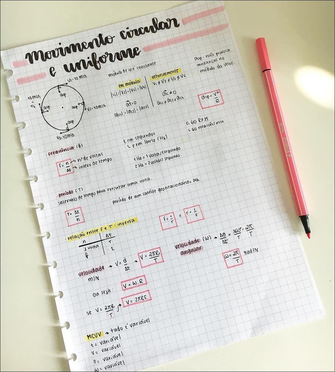 Mapa mental com Movimento circular no centro, ramificando-se para Movimento uniforme, VI 10 mis e Módulo de velocidade constante