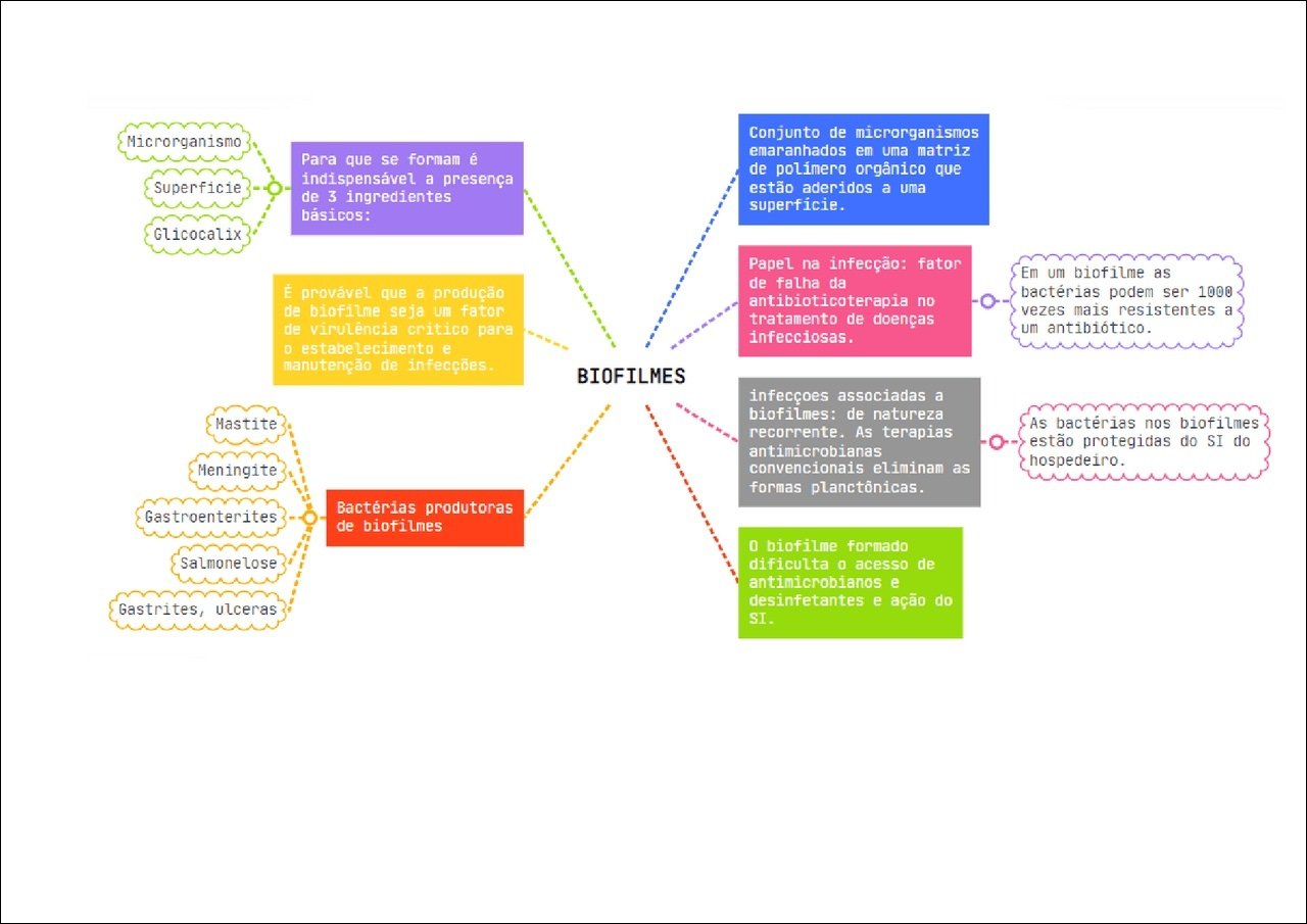 Mapa mental com Biofilmes no centro, ramificando-se para Conjunto de microrganismos e Microrganismo