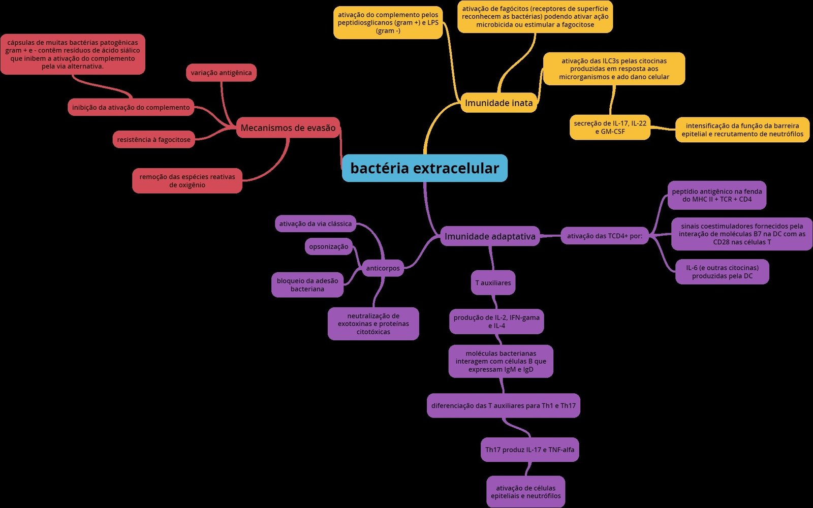 Mapa mental com Imunidade inata no centro, ramificando-se para ativação de fagócitos receptores de superfície e ativação do complemento pelos