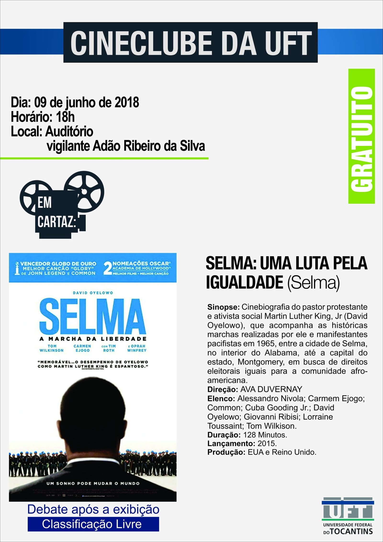 Mapa mental com CINECLUBE DA UFT no centro, ramificando-se para Dia 09 de junho de 2018 e Horário 18h