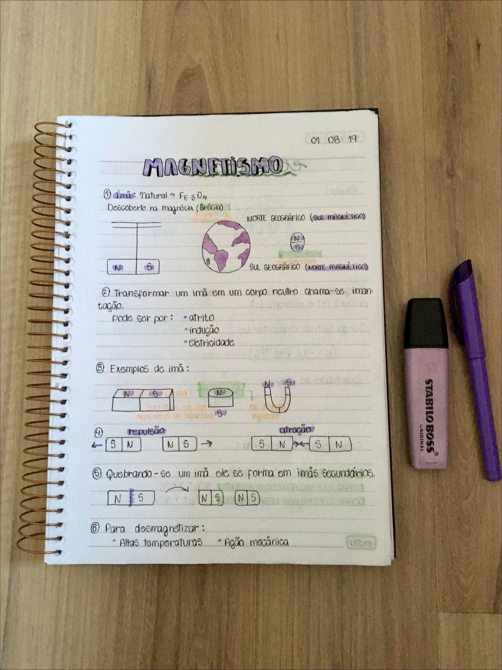Mapa mental com Magnetismo no centro, ramificando-se para Norte Geográfico e Sul Magnético