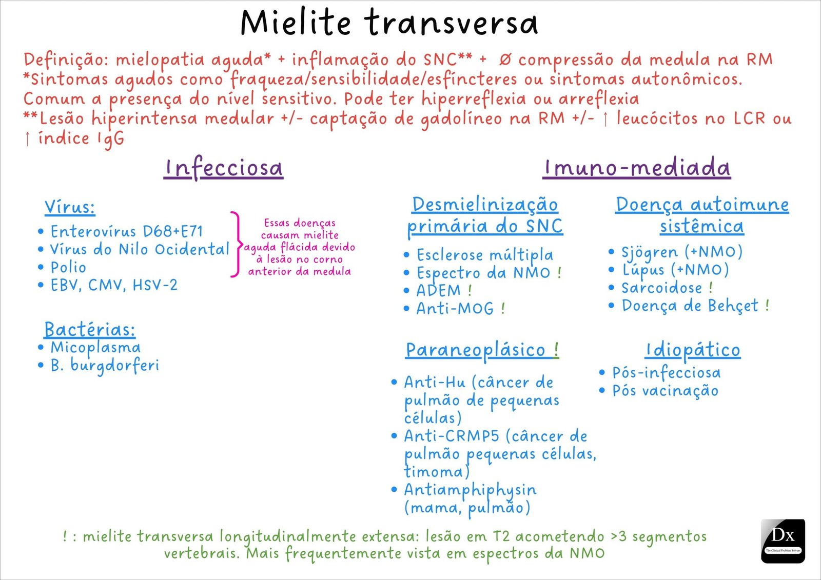 Mapa mental com Mielite transversa no centro, ramificando-se para Definição mielopatia aguda inflamação do SNC Ø compressão da medula na RM e Sintomas agudos como ou sintomas autonômicos