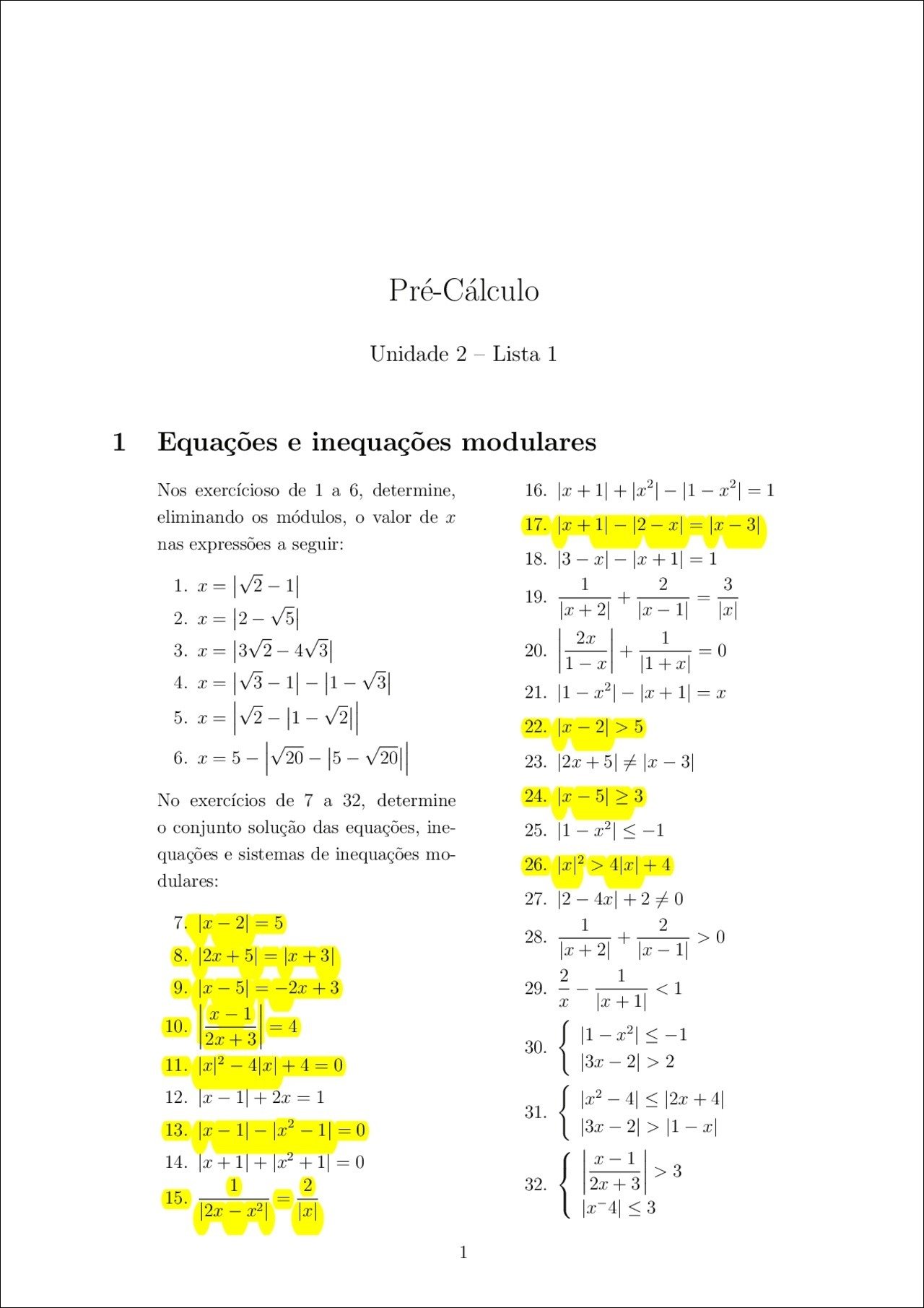 Mapa mental com PréCálculo no centro, ramificando-se para Unidade 2 Lista 1 e Equações e inequações modulares