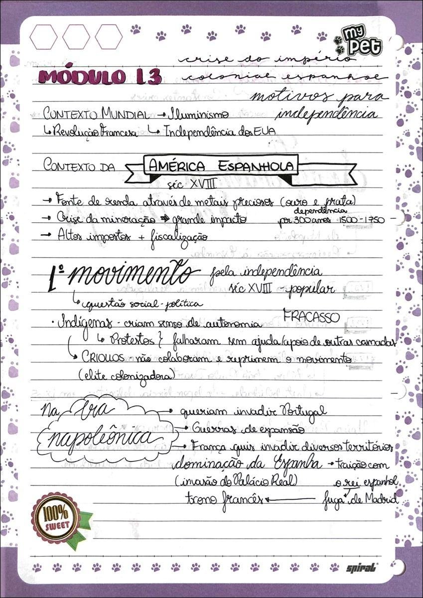Mapa mental com crise do império no centro, ramificando-se para MÓDULO 13 e colonial espanhol