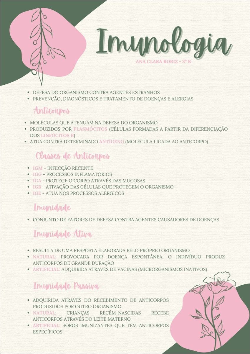 Mapa mental com Imunologia no centro, ramificando-se para ANA CLARA RORIZ3°B e DEFESA DO ORGANISMO CONTRA AGENTES ESTRANHOS