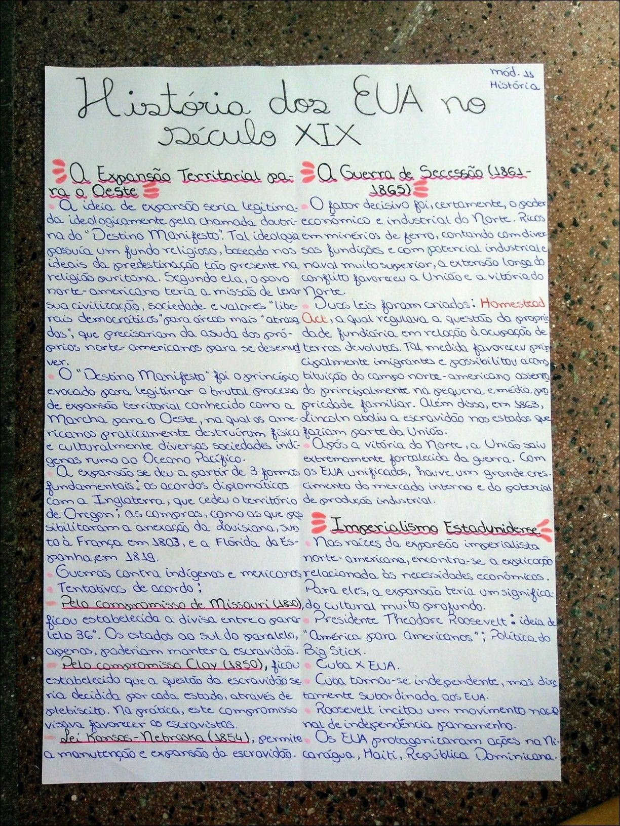 Mapa mental com História dos EUA no século XIX no centro, ramificando-se para a Expansão Territorial e a Guerra de Secessão 1861