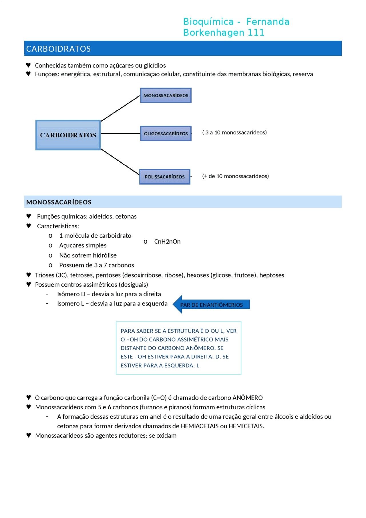 Mapa mental com Bioquímica Fernanda no centro, ramificando-se para Borkenhagen 111 e CARBOIDRATOS