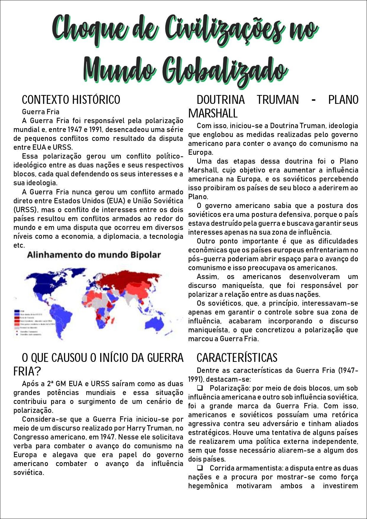 Mapa mental com Mundo Globalizado no centro, ramificando-se para CONTEXTO HISTÓRICO e DOUTRINA TRUMAN PLANO