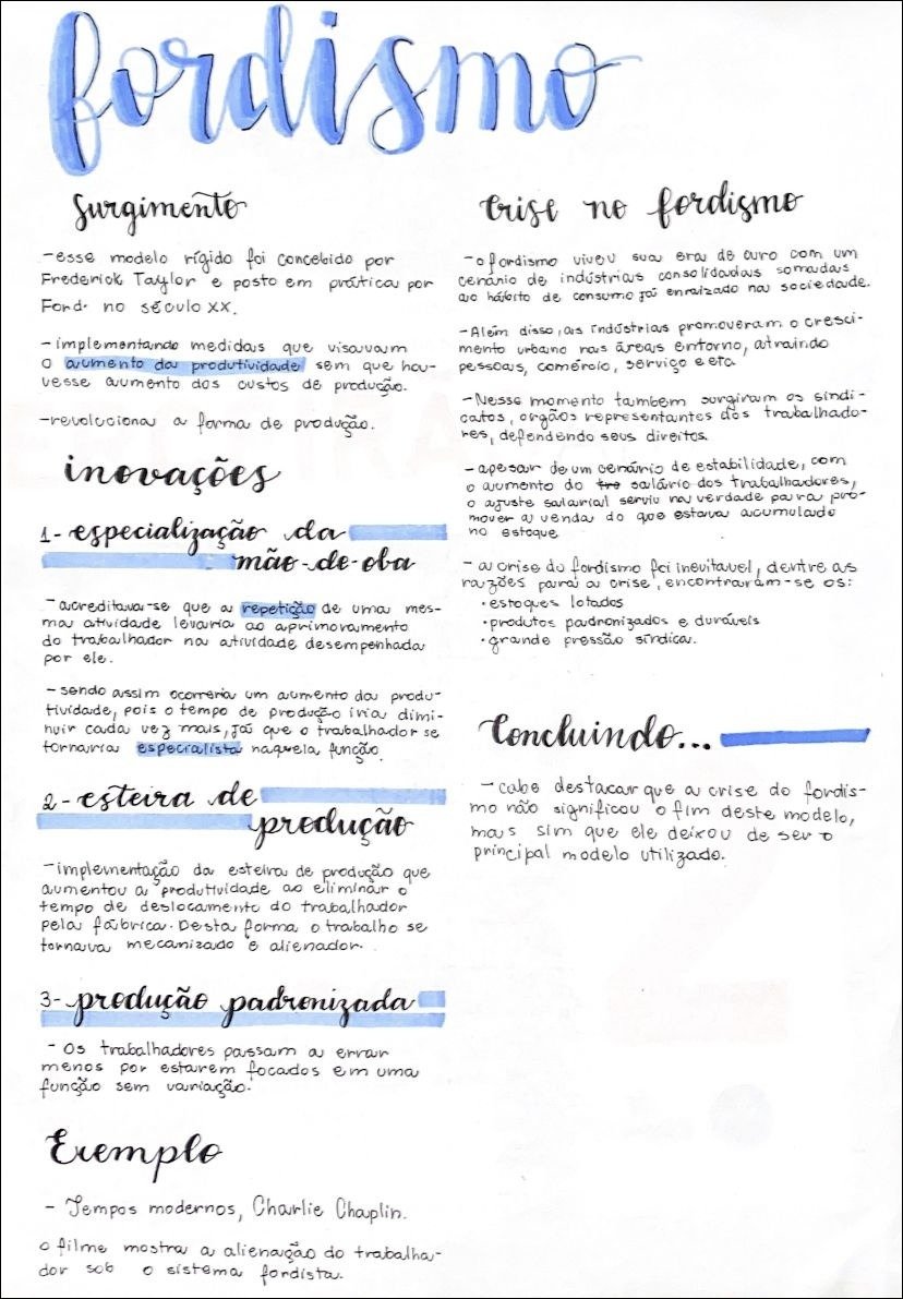 Mapa mental com Trabalho Fordismo, ramificando-se para Surgimento e Modelo Rígido