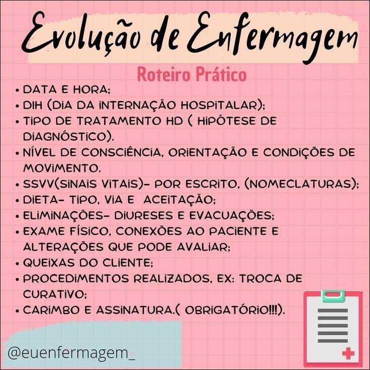Mapa mental com Evolução de Enfermagem no centro, ramificando-se para Roteiro Prático e DATA E HORA