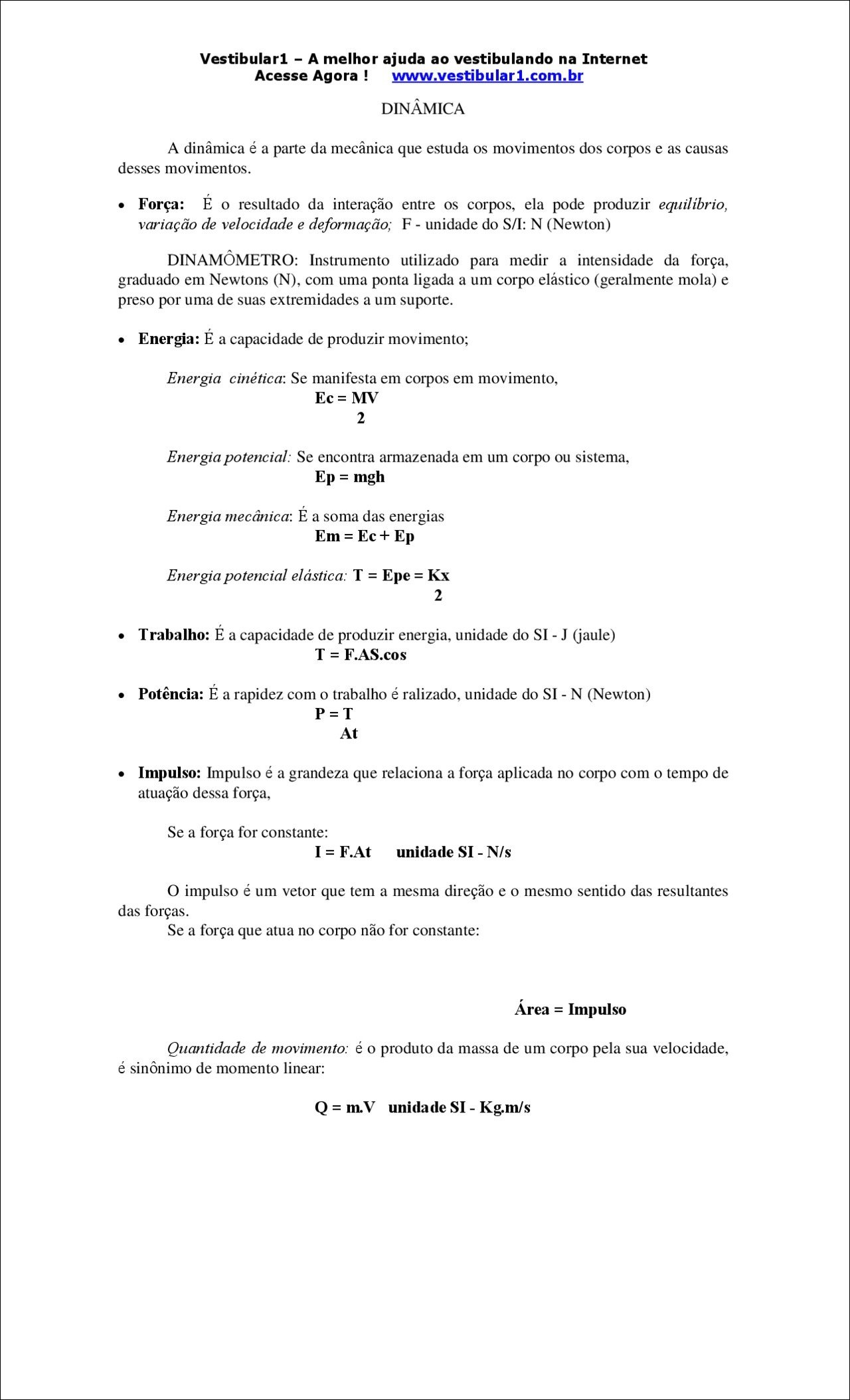 Mapa mental com Dinâmica no centro, ramificando-se para Força, Dinamômetro, Energia e Energia cinética