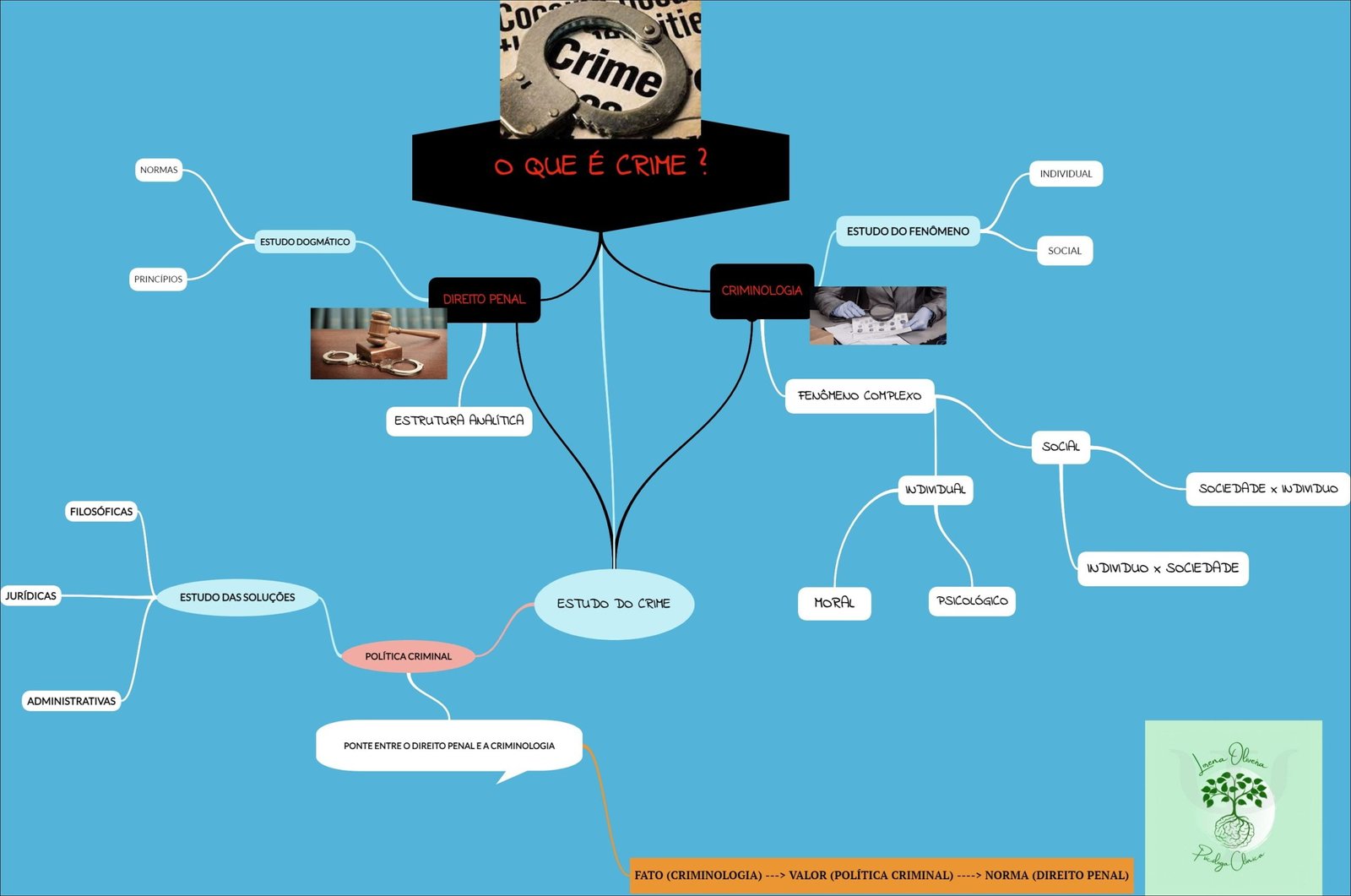 Mapa mental com CRIMINOLOGIA no centro, ramificando-se para ESTUDO DO FENÔMENO e DIREITO PENAL