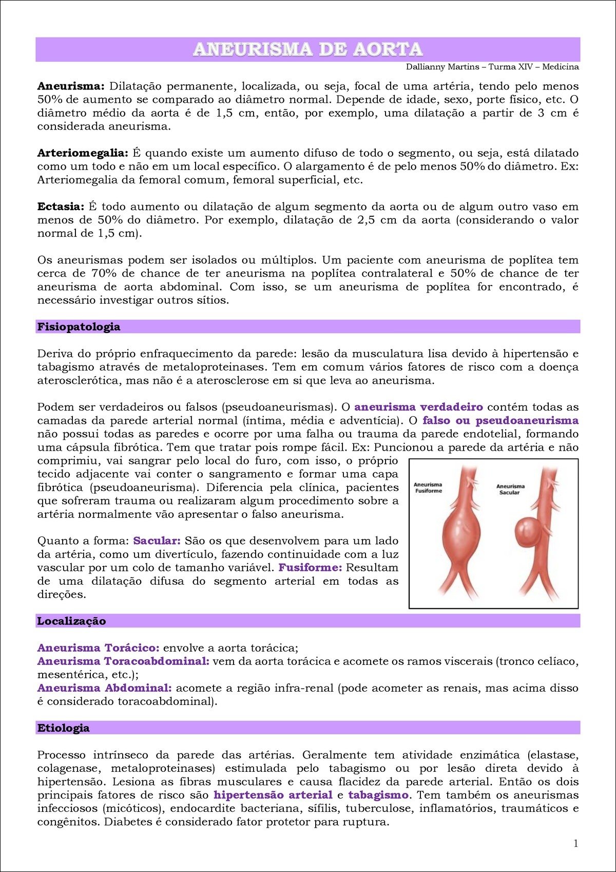Mapa mental com Aneurisma de Aorta no centro, ramificando-se para Dilatação Permanente Localizada e Aumento de Diâmetro