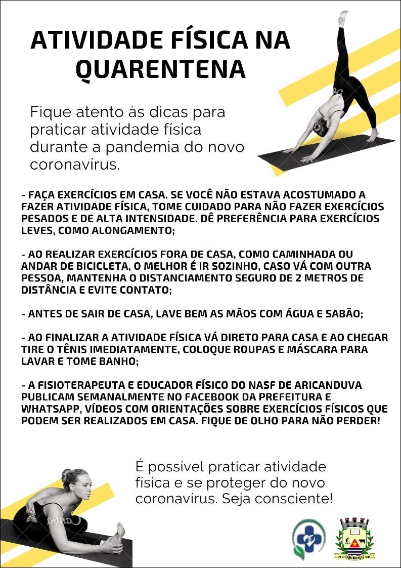 Mapa mental com ATIVIDADE FÍSICA NA no centro, ramificando-se para QUARENTENA e Fique atento às dicas para